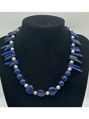 Artisan Stone Bead Necklace Freshwater Pearl & Lapis-Lazuli 16" Collar Handmade